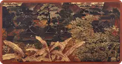 Phạm Hầu, View of a Temple, circa 1946, red lacquered rectangular box with polychrome lacquered cover