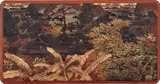 Phạm Hầu, View of a Temple, circa 1946, red lacquered rectangular box with polychrome lacquered cover