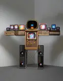 Nam June Paik, Big Shoulder, 1998, mixed media, antique cabinets, televisions, laser disc player and laser disc