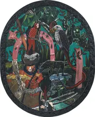 Rodel Tapaya, Protection in the Forest, 2013, acrylic on canvas, framed with engraved tin sheet