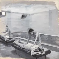 Liu Xiaodong, Boys in the bathhouse no. 5, 2000, acrylic on paper laid on canvas