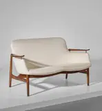 Two-seater sofa, model no. FJ 53 by Finn Juhl, designed 1953, produced 1950s, Brazilian rosewood, fabric, brass, sold Nov 2018