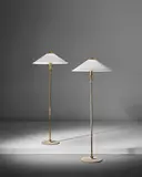 Pair of standard lamps, model no. 5762 by Paavo Tynell, designed 1946, brass, painted steel, linen shades, sold Nov 2018
