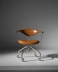 Hans J. Wegner, Early swivel armchair, model no. JH502, designed 1955, produced 1960s, teak, chromium-plated metal, leather, acrylic