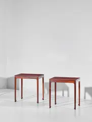 Pair of side tables by Ole Wanscher, circa 1957, Brazilian rosewood-veneered wood, Brazilian rosewood, sold Nov 2018
