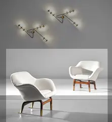 Ilmari Tapiovaara, Pair of armchairs, designed for the Hotel Marski, Helsinki, 1960-1961, fabric, teak, brass