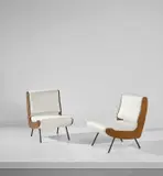 Gianfranco Frattini, Pair of lounge chairs, circa 1959, fabric, walnut-veneered wood, painted metal, brass