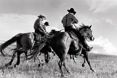 Laura Wilson, Hutterite Cowboys Galloping, Surprise Creek Colony Stanford, Montana, July 12, 1996, Gelatin silver print
