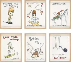 Six works: Untitled (Who Snatched the Babies) by Yoshitomo Nara, 2001-2002, (ii) coloured pencil on paper (i), (iii)-(vi) pen and coloured pencil on paper, sold May 2017