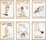 Six works: Untitled (Who Snatched the Babies) by Yoshitomo Nara, 2001-2002, (ii) coloured pencil on paper (i), (iii)-(vi) pen and coloured pencil on paper, sold May 2017