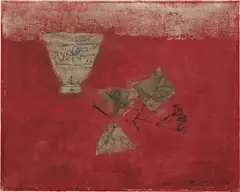 Bol et Feuilles sur Fond Rouge (Bowl and Leaves with Red Background) by Zao Wou-ki, 1953, oil on canvas, sold Nov 2016