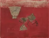 Bol et Feuilles sur Fond Rouge (Bowl and Leaves with Red Background) by Zao Wou-ki, 1953, oil on canvas, sold Nov 2016