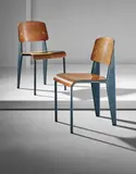 Pair of "Semi-metal" chairs, model no. 305 by Jean Prouvé, circa 1950, painted steel, painted tubular steel, oak-veneered plywood, offered Nov 2016