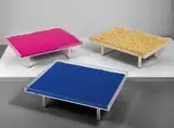 Yves Klein, Three works: (i) Table Bleue (ii) Table d'Or (iii) Table Rose, 1961, (i) IKB pigment, Perspex, glass, chrome-plated metal, wood (ii) 22-karat gold leaf, Perspex, glass, chrome-plated metal, wood (iii) rose pigment, Perspex, glass, chrome-plated metal, wood