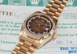 Rolex, A rare yellow gold and diamond-set calendar wristwatch with bracelet, centre seconds, brown degrade dial, guarantee and swing tag