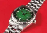 Rolex, A rare and attractive white gold and diamond-set calendar wristwatch with bracelet, centre seconds and green dégradé dial