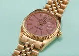 Rolex, A very rare and captivating yellow gold calendar wristwatch with bracelet, centre seconds and lilac lacquered “Stella” dial