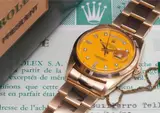 Rolex, A very rare and attractive yellow gold and diamonds calendar wristwatch with bracelet, centre seconds, yellow lacquered “Stella” dial, guarantee and box