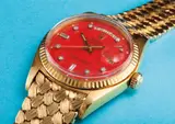 Rolex, A very rare, heavy and unusual yellow gold and diamond-set calendar wristwatch with centre seconds, custom made bracelet and pepita red lacquered “Stella” dial
