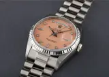 Rolex, A very rare and attractive white gold and diamond-set calendar wristwatch with centre seconds, bracelet and pink lacquered “Stella” dial