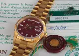 Rolex, A very rare and possibly unique yellow gold and diamond-set wristwatch with Arabic calendar, bracelet, centre seconds, burgundy lacquered “Stella” dial, original guarantee, swing tags, made for the Sultanate of Oman