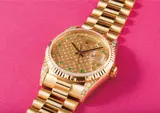 Rolex, A very rare and beautiful yellow gold, diamond and emerald-set calendar wristwatch with bracelet and centre seconds