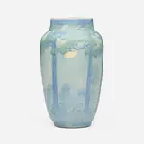Scenic vase with tall pines and full moon by Sadie Irvine for Newcomb College Pottery, 1917, glazed earthenware, sold Sep 2025