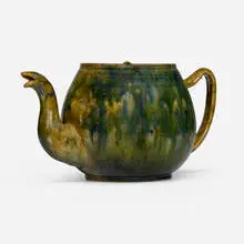 Teapot by George E. Ohr, 1897-1900, glazed earthenware, sold Sep 2025