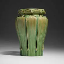 Rare reticulated vase by George P. Kendrick for Grueby Faience Company, 1898-1910, glazed earthenware, sold Sep 2025