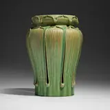 Rare reticulated vase by George P. Kendrick for Grueby Faience Company, 1898-1910, glazed earthenware, sold Sep 2025