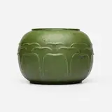 Vase with leaves by Ruth Erickson for Grueby Faience Company, 1899-1910, glazed earthenware, sold Sep 2025