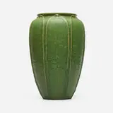 Vase with leaves by Ruth Erickson for Grueby Faience Company, 1899-1910, glazed earthenware, sold Sep 2025