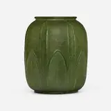Large vase with leaves by Wilhelmina Post for Grueby Faience Company, 1898-1910, glazed earthenware, sold Sep 2025