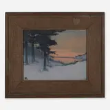 A Winter Sunset (Scenic vellum plaque) by Sallie Coyne for Rookwood Pottery, 1918, glazed earthenware, original frame, sold Sep 2025
