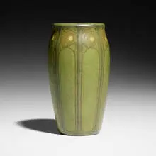 Arthur Hennessey and Sarah Tutt for Marblehead Pottery, Rare vase with conventionalized roses, c. 1910, glazed and carved earthenware
