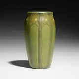 Rare vase with conventionalized roses by Arthur Hennessey and Sarah Tutt for Marblehead Pottery, c. 1910, glazed and carved earthenware, sold Sep 2025