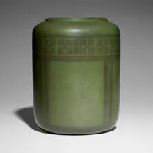Rare and Large vase with conventionalized trees by Marblehead Pottery, 1906-20, glazed and incised earthenware, sold Sep 2025