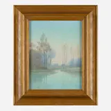 Scenic Vellum plaque with river and trees by Carl Schmidt for Rookwood Pottery, 1916, glazed earthenware, sold Sep 2025