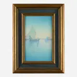 Marine scenic Vellum plaque with Venetian harbor by Carl Schmidt for Rookwood Pottery, 1924, glazed earthenware, original frame, sold Sep 2025