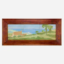Rookwood Faience, Three-tile frieze with pastoral lakeside scene, c. 1915, glazed earthenware decorated in cuenca