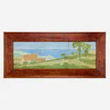 Rookwood Faience, Three-tile frieze with pastoral lakeside scene, c. 1915, glazed earthenware decorated in cuenca