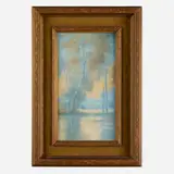 Scenic Vellum plaque with lake and trees by Edward Diers for Rookwood Pottery, 1926, glazed porcelain, original frame, sold Sep 2025