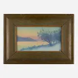 Winter Sunset (Scenic Vellum plaque) by Sallie Coyne for Rookwood Pottery, c. 1915, glazed earthenware, original frame, sold Sep 2025
