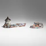 Max von Heider & Söhne, Art Nouveau candleholder and inkwell, c. 1910, glazed earthenware, metal