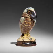 Martin Brothers Pottery, Wally-bird tobacco jar, England, 1898, 1898, salt-glazed stoneware, ebonized wood