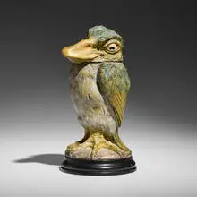 Martin Brothers Pottery, Wally-bird tobacco jar, 1898, salt-glazed stoneware, ebonized wood