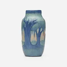Scenic vase with live oaks and Spanish moss by Anna Frances Simpson, 1928, glazed earthenware, sold Sep 2025