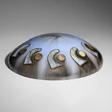 Vasekraft lamp shade by Fulper Pottery, c. 1910-1914, Chinese Blue Flambé and Mirrored Black-glazed stoneware, leaded slag glass, sold Sep 2025