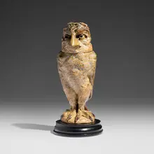 Robert Wallace Martin for Martin Brothers Pottery, Wally-bird tobacco jar, 1899, salt-glazed stoneware, ebonized wood