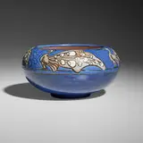 Frederick Hurten Rhead for Rhead Pottery, Rare peacock bowl, 1914-17, glazed earthenware decorated in cuerda seca
